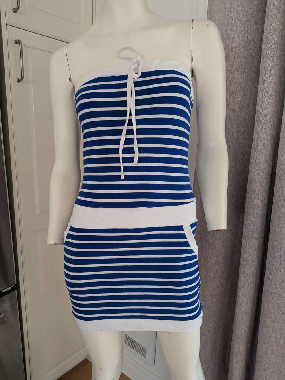 Striped Navy and White Strapless Summer Dress